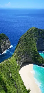 Aerial view of tropical beach with blue ocean and lush greenery.