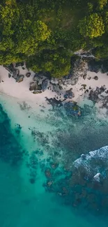 Aerial view of a tropical beach with turquoise waters and lush greenery.