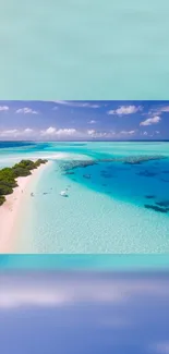 Aerial view of a tropical beach with turquoise waters and lush greenery.