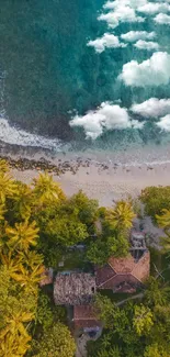 Aerial view of a tropical beach with lush greenery and turquoise waters.