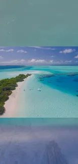 Aerial view of a stunning tropical beach with turquoise water and lush green island.