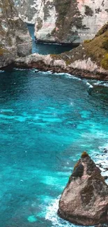 Aerial view of a turquoise beach with cliffs and greenery.