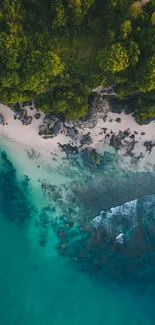 Aerial view of a tropical beach with lush forest and ocean waters.