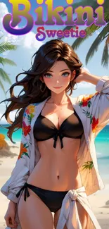 Anime character on a tropical beach in summer attire.