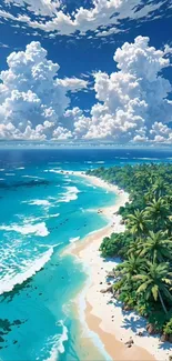 Anime artwork of a tropical beach with blue skies and palm trees.