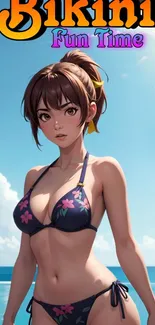 Anime girl in floral bikini at tropical beach.