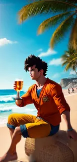 Anime character at beach, enjoying a tropical drink under palm trees.