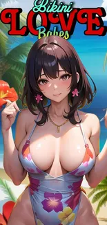 Anime girl on a tropical beach in a floral bikini.