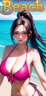 Anime character in pink bikini on tropical beach with blue ocean.