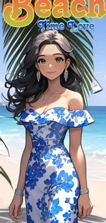 Anime girl in blue dress on tropical beach.