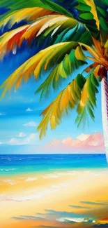 Vibrant tropical wallpaper with palm tree and beach.