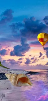 Tropical beach at sunset with a hot air balloon and seashell on the shore.