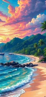 Tropical beach with sunset colors and ocean waves creating a serene scene.