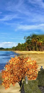 Tropical beach with autumn leaves and blue sky.