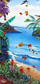 Tropical beach with blue waves and autumn leaves on a vibrant mobile wallpaper.