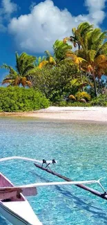 Tropical beach with boat and palm trees under blue sky.