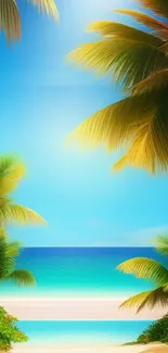 Tropical beach scene with palm trees and azure ocean, perfect for mobile wallpaper.