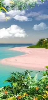 Tropical beach with turquoise waters and lush greenery on a sunny day.