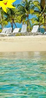 Vibrant tropical beach with turquoise waters and palm trees under sunny skies.