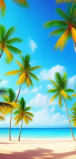 Vibrant tropical beach scene with palm trees and blue sky.