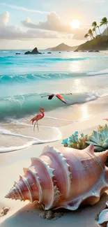 Tropical beach with seashell and ocean waves at sunset.