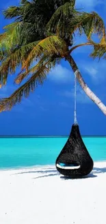 Tropical beach scene with palm tree and hammock on white sand.