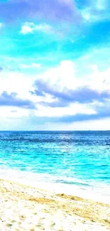 Tropical beach with blue ocean and sandy shore under cloudy skies.