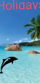 Tropical beach wallpaper with palm trees, blue ocean, and dolphin.