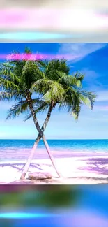 Palm trees on a sunny tropical beach with blue ocean waves and clear sky.