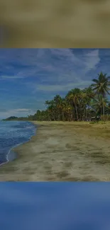 Serene tropical beach with palm trees and blue sky wallpaper.