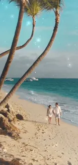 Couple walking on a tropical beach with palm trees and blue skies.