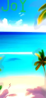 Tropical beach wallpaper with blue ocean and palm trees.