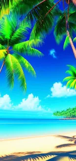 Vibrant tropical beach with palm trees and blue ocean.