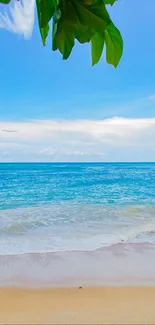 Serene beach scene with blue sky and ocean waves.