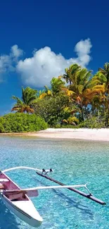 Tropical beach with palm trees and a small boat under a bright blue sky.