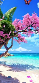 Pink blossom tree on a tropical beach with blue ocean waves under a bright sky.