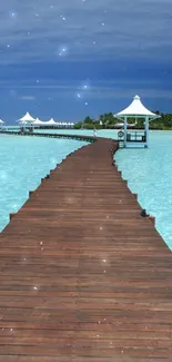 Serene tropical boardwalk over turquoise waters, under a blue sky.