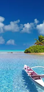 Beautiful tropical beach scene with a boat and blue sky.