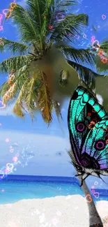 Colorful butterfly on a tropical beach with palm trees.