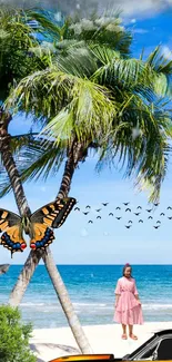 Tropical beach with palm trees and butterfly.