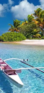 Traditional canoe on a tropical beach with crystal clear waters and palm trees.