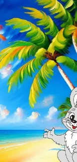 Cartoon rabbit with palm trees on a tropical beach.