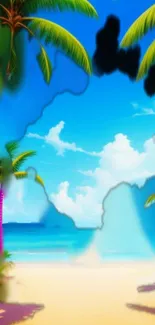 Cartoon beach with palm trees and blue sky wallpaper.