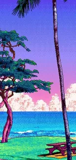 Tropical beach scene with cartoon art style, palm trees, and colorful sky.