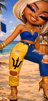 Stylish cartoon character at the tropical beach with vibrant colors.