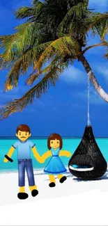 Cartoon beach scene with palm tree and turquoise sea under blue skies.