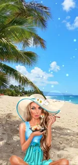 Cartoon character on a tropical beach with blue sky and palm trees.