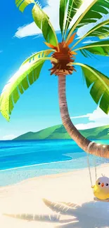 Cartoon bird swinging under a palm tree on a sunny beach.