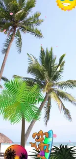 Cartoon palm trees and beach scene with surfer dog under sunny sky.