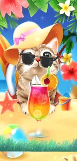 Tropical cat with sunglasses on beach.